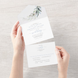 ほこりっぽいブルー金ゴールド葉緑のエレガントな結婚式 オールインワン招待状