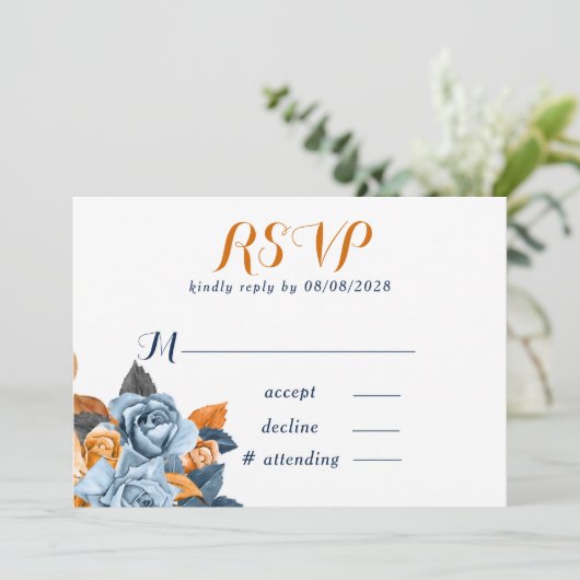 ほこりっぽいブルー&さびた牡丹フローラ結婚式RSVPカード 招待状 (スタンド正面)