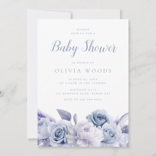 ほこりっぽいブルー&ホワイトローゼベビーシャワー 招待状 (正面)