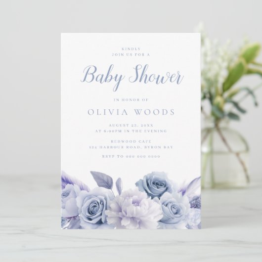 ほこりっぽいブルー&ホワイトローゼベビーシャワー 招待状 (スタンド正面)