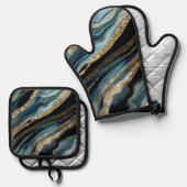 ほこりっぽいブルー&金ゴールドアゲートルック抽象的 鍋つかみ&鍋敷きセット (正面/裏面)