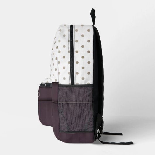 ほこりっぽいプラムと黄褐色の水玉模様デザイン名 プリントバックパック (右)