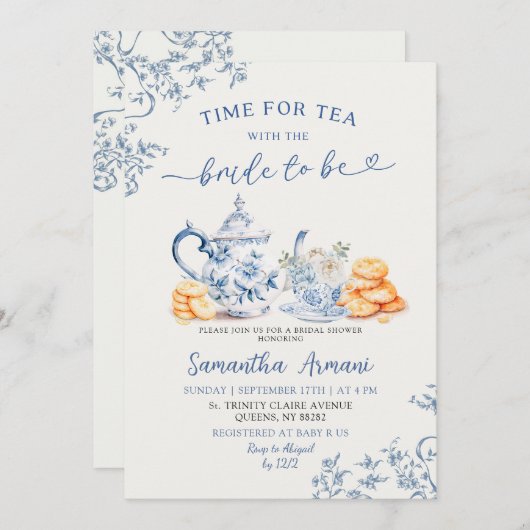 ほこりっぽいベイチノワセリーブライダルシャワーティーパーティー 招待状 (正面/裏面)