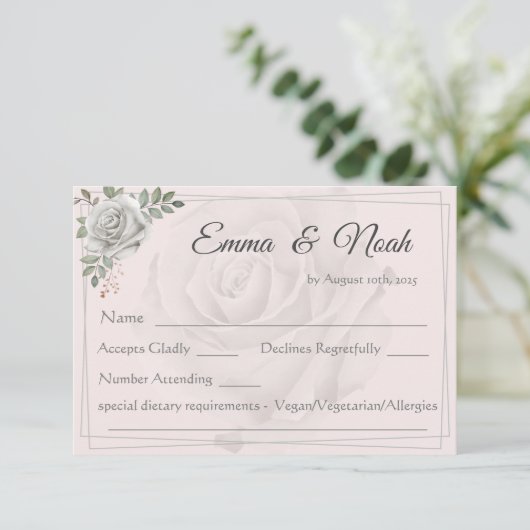 ほこりっぽいホワイトローゼウェディングRSVPレスポンスカード 出欠カード (スタンド正面)