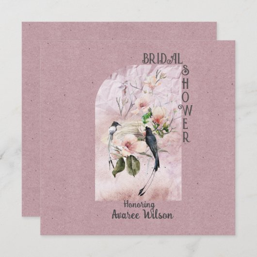 ほこりっぽいマグノリアの花と鳥のシャワー 招待状 (正面/裏面)
