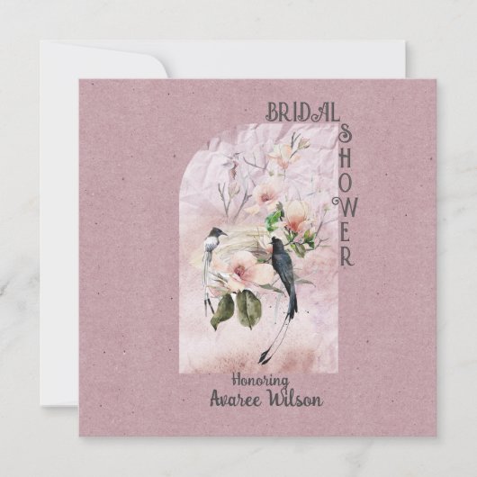 ほこりっぽいマグノリアの花と鳥のシャワー 招待状 (正面)
