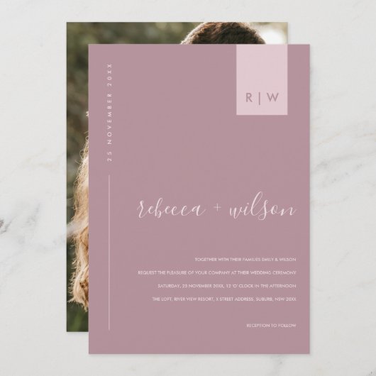 ほこりっぽいミニマルバラピンクのタイポグラフィの結婚写真 招待状 (正面/裏面)
