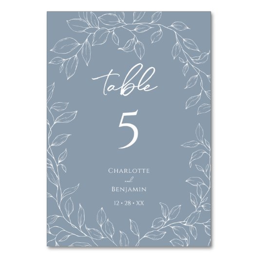 ほこりっぽいミニマル青結婚葉のテーブル番号 テーブルナンバー (正面)