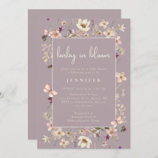 ほこりっぽいメイヴベビーイン開花ワイルドフラワーベビーシャワー 招待状 (正面/裏面)