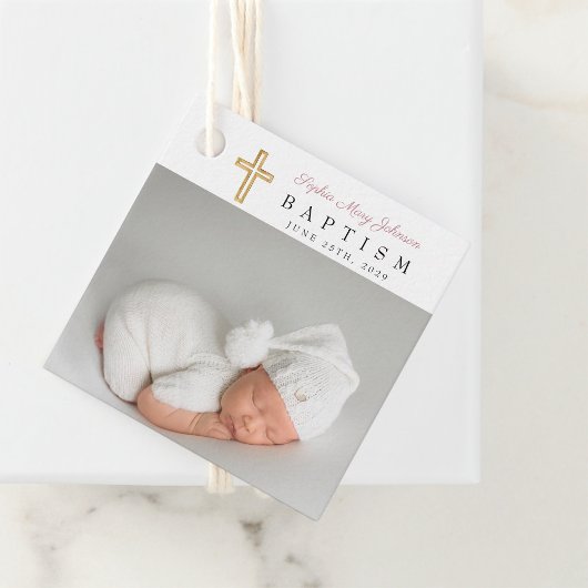 ほこりっぽいモダンピンクのスクリプト写真のバプテスマ フェイバータグ