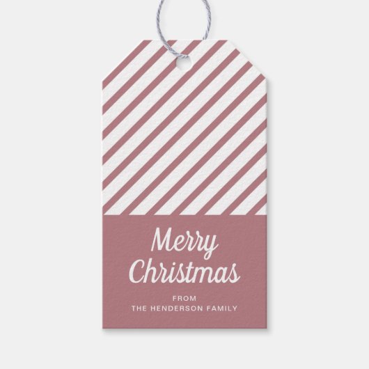 ほこりっぽいモダンピンクのストライプクリスマス ギフトタグ (正面)