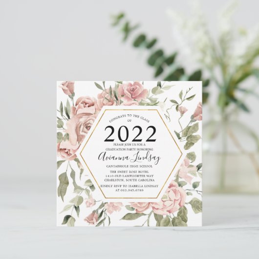 ほこりっぽいモダンピンクのバラの植物卒業証書 招待状 (スタンド正面)