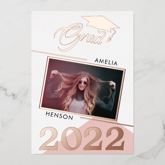 ほこりっぽいモダンピンクの卒業生2写真卒業 箔招待状 (正面)