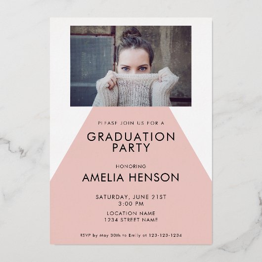 ほこりっぽいモダンピンクの卒業生2写真卒業 箔招待状 (裏面)