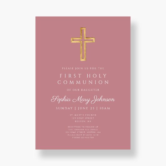 ほこりっぽいモダンピンクの宗教少女ファースト・コミュニオン 招待状