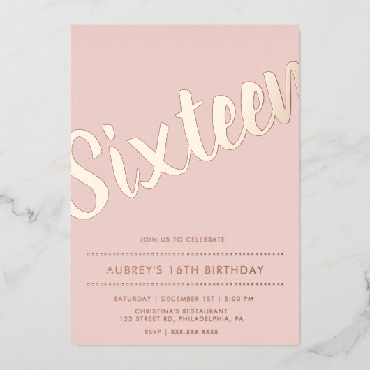 ほこりっぽいモダンピンクローズ金ゴールドSweet sixteen 箔招待状 (正面)