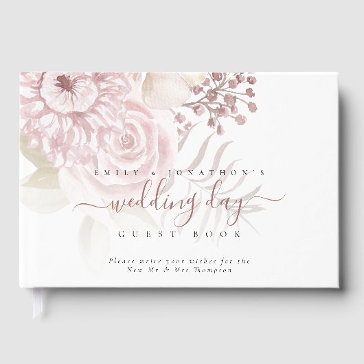 ほこりっぽいモダンピンク花模様結婚式の日 ゲストブック (正面)