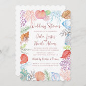 ほこりっぽいモダンブルーシーシェルビーチ結婚式シャワー 招待状 (正面/裏面)