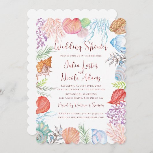 ほこりっぽいモダンブルーシーシェルビーチ結婚式シャワー 招待状 (正面/裏面)