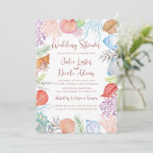 ほこりっぽいモダンブルーシーシェルビーチ結婚式シャワー 招待状 (スタンド正面)