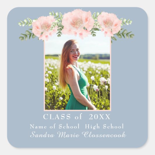 ほこりっぽいモダンブルーピンクの花フローラ卒業A スクエアシール (正面)