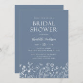 ほこりっぽいモダンブルーフラワーズブライダルシャワー 招待状 (正面/裏面)