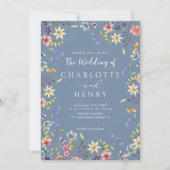 ほこりっぽいモダンブルーQRコードワイルドフラワー結婚ズ 招待状 (正面)