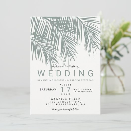 ほこりっぽいモダン緑のヤシの木の優雅な結婚式 招待状 (スタンド正面)