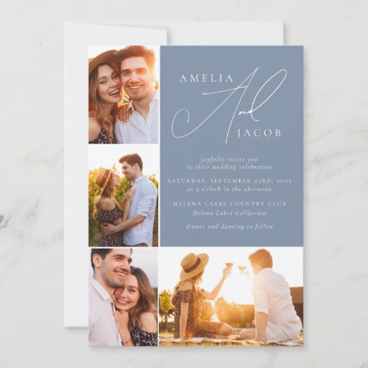 ほこりっぽいモダン青い写真QRコードすべて結婚の 招待状 (正面)