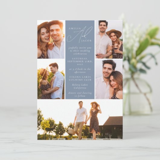 ほこりっぽいモダン青い写真QRコードすべて結婚の 招待状 (スタンド正面)