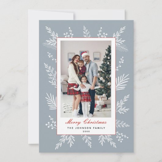 ほこりっぽいモダン青い植物体のクリスマス シーズンカード (正面)