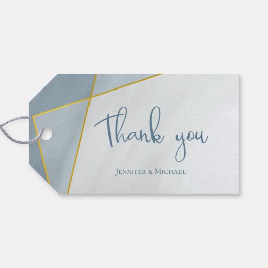 ほこりっぽいモダン青い金ゴールド結婚フレーム ギフトタグ (裏面横)