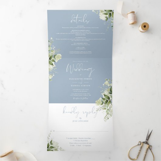 ほこりっぽいモダン青の植物緑の写真結婚の数 三つ折り招待状 (内部)