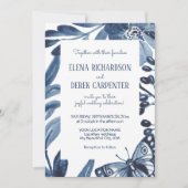 ほこりっぽいモダン青フローラリーフの水の色結婚の 招待状 (正面)