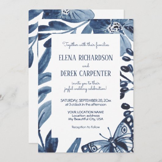 ほこりっぽいモダン青フローラリーフの水の色結婚の 招待状 (正面/裏面)