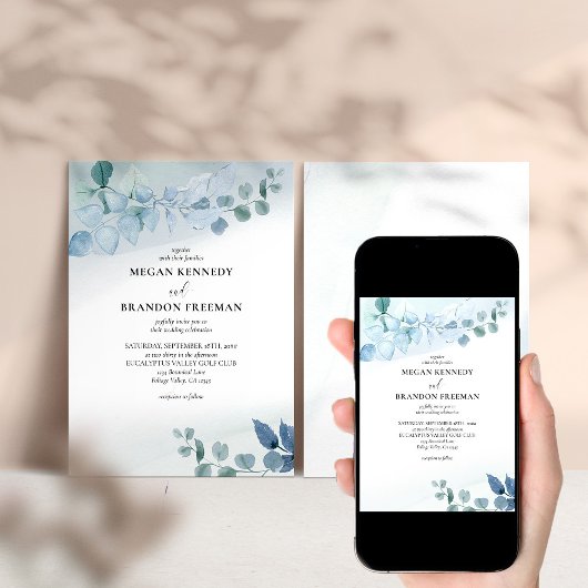 ほこりっぽいユーカリの水の色の緑結婚の色 招待状