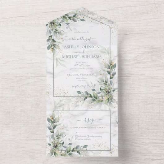 ほこりっぽいユーカリ植物性金ゴールド緑すべてO オールインワン招待状 (内側)