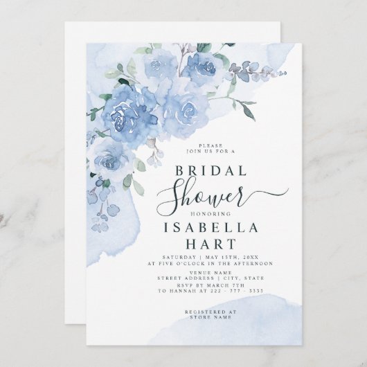ほこりっぽいライトブルーフラワーズフローラボホブライダルシャワー 招待状 (正面/裏面)