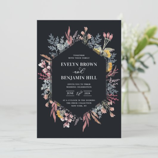 ほこりっぽいワイルドフラワーウォーター結婚式招待状 招待状 (スタンド正面)