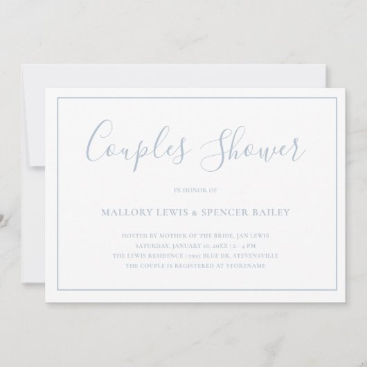 ほこりっぽい伝統的ブルーエレガントカップルのシャワー 招待状 (正面)
