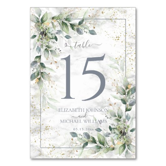 ほこりっぽい植物緑の金ゴールドマーブル結婚ズ テーブルナンバー (正面)