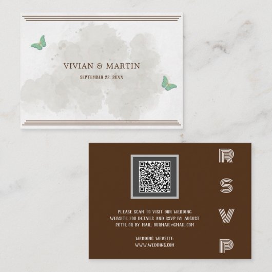 ほこりっぽい水彩及び蝶モダンのQRコードRSVP エンクロージャーカード (正面/裏面)