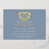 ほこりっぽい灰色の青と金ゴールドハート結婚写真 箔招待状 (正面)
