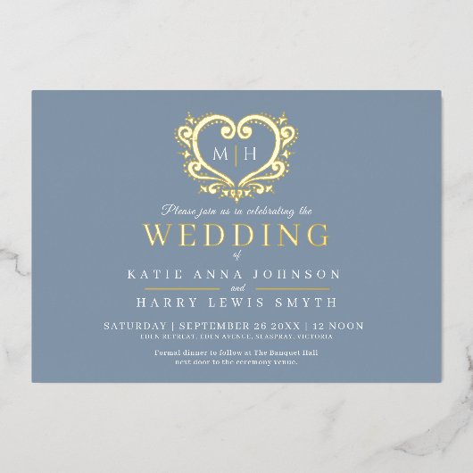 ほこりっぽい灰色の青と金ゴールドハート結婚写真 箔招待状 (正面)