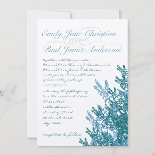 ほこりっぽい穏やかな青とティール（緑がかった色）野生結婚の花 招待状 (正面)