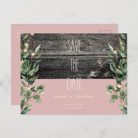 ほこりっぽい素朴バラの葉の結婚式の日付を保存 ポストカード (正面/裏面)