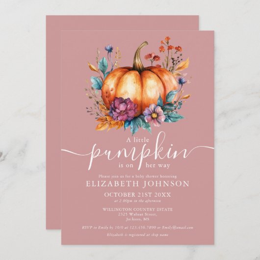 ほこりっぽい素朴バラリトルカボチャ女の子ベビーシャワー 招待状 (正面/裏面)