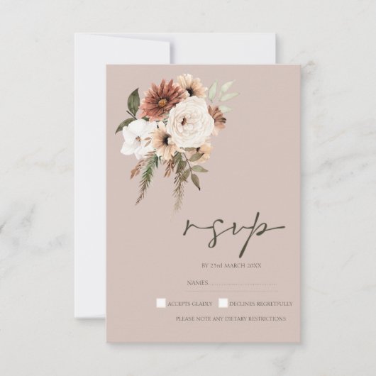 ほこりっぽい素朴ピンクと緑のフローラ結婚式RSVP 出欠カード (正面)