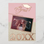 ほこりっぽい素朴ピンクの卒業写真の卒業 箔招待状 (正面)