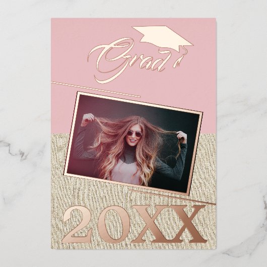 ほこりっぽい素朴ピンクの卒業写真の卒業 箔招待状 (正面)